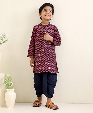 Babyhug Full Sleeves Kurta Dhoti Set Printed - Red Navy Blue