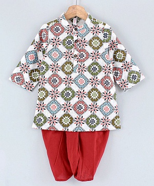 Babyhug Full Sleeves Printed Kurta and Dhoti Set - Off White Red