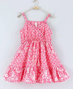 Babyhug Singlet Sleeves Ethnic Dress Floral Print - Pink