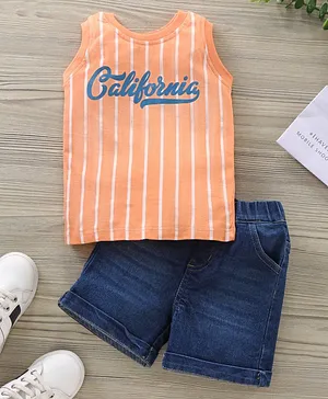 Babyhug Sleeveless Striped T-Shirt & Denim Shorts Set California Print - Orange Blue