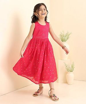 Babyhug Sleeveless Ethnic Dress with Floral Print - Red Babyhug Sleeveless Ethnic Dress with Floral Print - Red