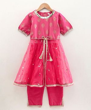 Babyhug Half Sleeves Kurti and Chudidar Set Printed - Dark Pink