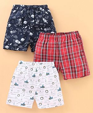 Babyhug Knee Length Cotton Quick Dry Boxers Check Submarine And Space Print Pack Of 3 - Blue Red White