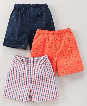 Babyhug Knee Length Cotton Boxer Check Pattern And Cycle Print Pack Of 3 - Blue White Red Orange