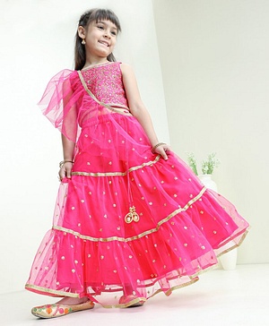 Babyhug Sleeveless Embellished Choli Lehenga and Dupatta Set with Beads Floral Embroidery - Pink