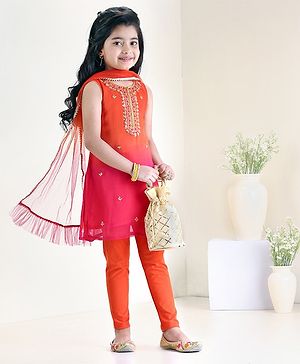 Babyhug Sleeveless Kurti Churidar Set with Dupatta Sequin- Red