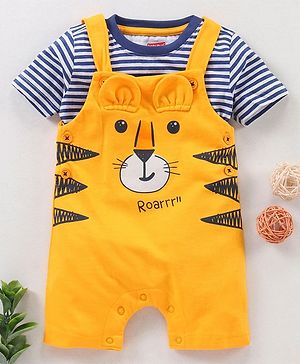Babyhug Half Sleeves T-Shirt & Dungaree Set Striped & Tiger Print & Applique - Blue Yellow