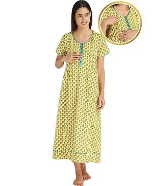 Zelena Half Sleeves Printed Maternity Nighty -Yellow