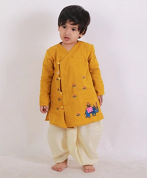 CHAKORI Full Sleeves Elephant Embroidered Ethnic Kurta With Dhoti - Mustard