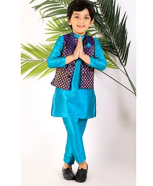 CHAKORI Full Sleeves Ethnic Kurta With Brocade Waistcoat & Pajama - Blue