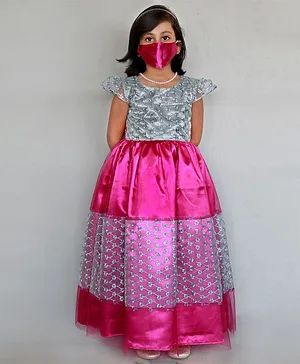 Heykidoo Cap Sleeves Net Embroidered Frock & Matching Mask- Pink
