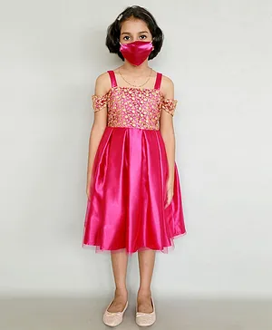Heykidoo Cold Shoulder Box Pleated  Embroider Frock & Matching Mask- Dark Pink
