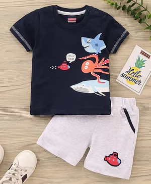 Babyhug Half Sleeves T-Shirt & Shorts Set Sea Animal Print- Blue Grey