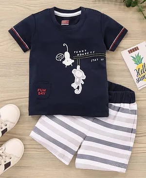 Babyhug Half Sleeves T-Shirt & Shorts Set Animal & Stripes Print- Blue White