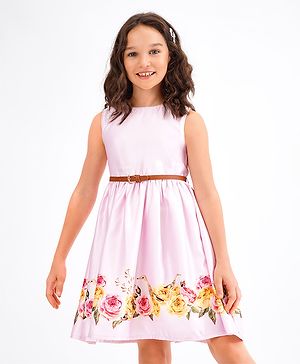 Primo Gino Sleeveless Party Frock with Floral Print - Light Pink