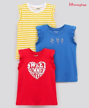Honeyhap Cotton Sleeveless Tees With   Anti-Microbial  Finish Pack of 3 - Yellow Blue Red