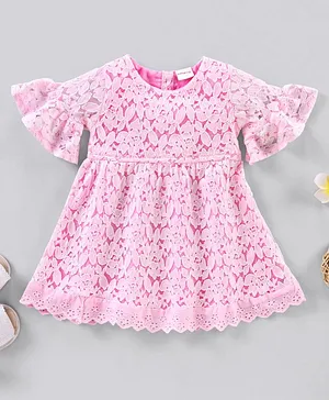 Babyhug Bell Sleeves Frock with Lace Detailing - Pink