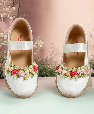 KazarMax Kids Girls Ballet Flat Ballerina Flower Embellished Peep Toes- White
