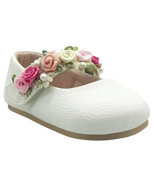 KazarMax Baby Girls Ballet Flat Ballerina Flower Embellished Peep Toes- Ivory White