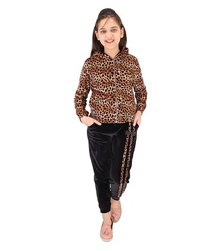 Cutecumber Full Sleeves Leopard Print Hooded Jacket With Joggers - Brown
