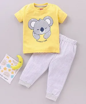 Babyhug Half Sleeves Night Suit Koala Print - Yellow Grey