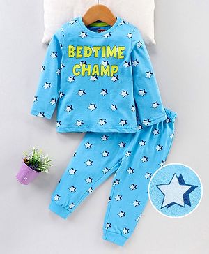 Babyhug Full Sleeves Pyjama Set Text & Star Print - Blue