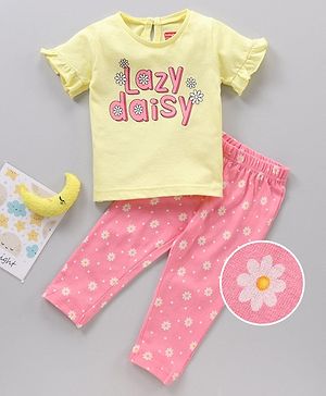 Babyhug Cotton Half Sleeves Pajama Set Text Printed - Pink Yellow