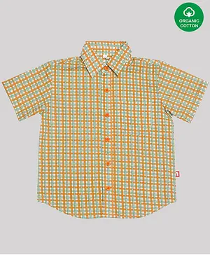 Nino Bambino Half Sleeves Checks Print 100% Organic Cotton Shirt - Orange