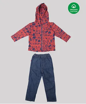 Nino Bambino 100% Organic Cotton Full Sleeves Printed Hooded Tee With Pants - Red & Blue