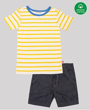 Nino Bambino Half Sleeves Organic Cotton Striped Tee With Shorts - Yellow