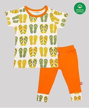 Nino Bambino Half Sleeves All Over Footwear Printed Organic Cotton Tee With Lounge Pants - Yellow & Orange
