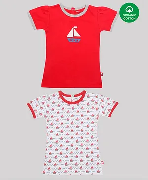 Nino Bambino Pack Of 2 Half Sleeves Striped & Boat Printed Organic Cotton Tee - Red & White