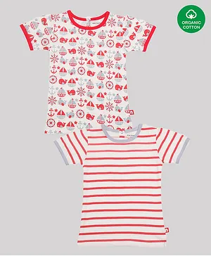 Nino Bambino Pack Of 2 Half Sleeves Striped & Boat Printed Organic Cotton Tee - Red & White