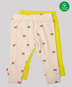 Nino Bambino Pack Of 2 Full Length Solid & Animal Printed Organic Cotton Leggings - Yellow & Cream