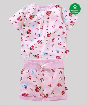 Nino Bambino Half Sleeves Coordinated Floral Print 100% Organic Cotton Tee & Shorts Set - Pink