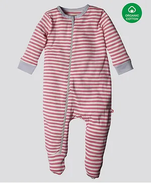 Nino Bambino Full Sleeves Stripes Print 100% Organic Cotton Footed Romper - Pink