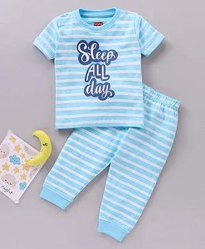 Babyhug Half Sleeves Striped Night Suit Text Print - Blue