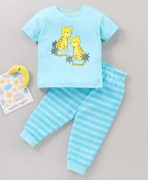 Babyhug Half Sleeves Night Suit Cheetah Print - Blue