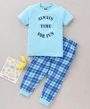 Babyhug Half Sleeves Pyjama Set Checks & Text Print- Blue