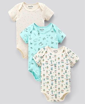 Bonfino Half Sleeves Cotton Onesies Plant Print Pack of 3 - Ivory Blue