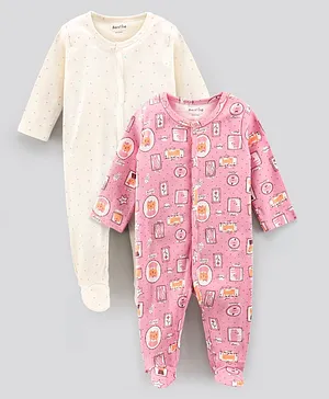 Bonfino Full Sleeves Cotton Footed Sleepsuits Stars & Animal Printed Pack of 2 - Pink Ivory