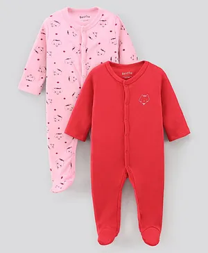 Bonfino Full Sleeves Footed Sleepsuits Kitty Print Pack of 2 - Pink Red