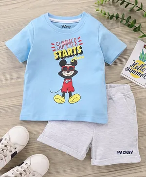 Babyhug Half Sleeves T-Shirt and Shorts Set Mickey Mouse Print- Blue White