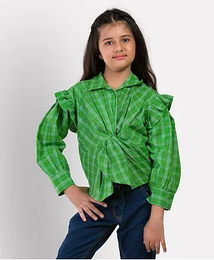 Growing Tree Full Sleeves Ruffled Checkered Shirty Style Top - Green