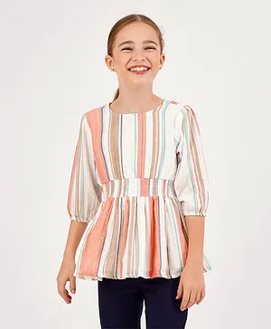 Primo Gino 3/4th Sleeves Gathered Top Stripes Print - Multicolour