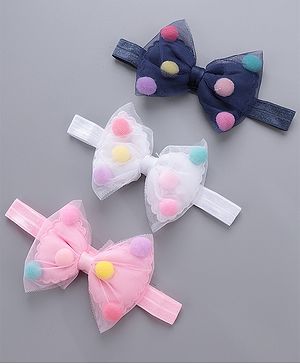 Babyhug Bow Appliquse Headbands Pack Of 3 - Blue, White & Pink