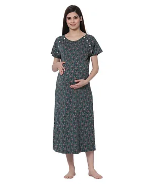 FASHIONABLY PREGNANT Half Sleeves Floral Print Maternity And Feeding Night Dress - Green