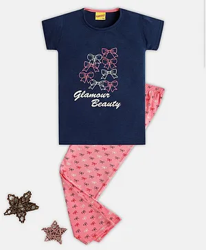 punkster Half Sleeves Glamour Beauty & Bows Print Tee & Pajama Set - Blue