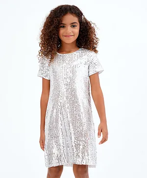 Primo Gino Half Sleeves Sequined Party Dress - White