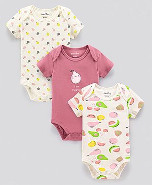 Bonfino Half Sleeves Onesies Fruits Print Pack of 3 - Ivory Pink